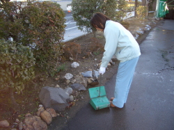 外で掃き掃除をしている写真