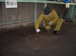 こびり付いた汚れを剥がしている写真